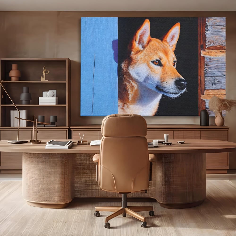 Tablou canvas cu tablou canvas cu portret de caine shiba, fara rama, pe sasiu de lemn, pe perete intr-un birou